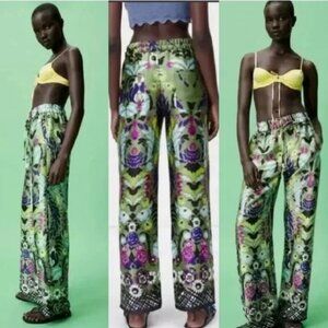 NEW Zara Satin Effect Floral Wide-Leg Pyjama Style Pants in Green, Size XS